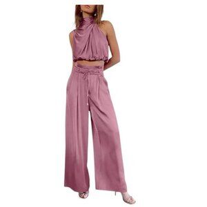 PRETTYGARDEN Women's 2 Piece Outfits Sleeveless Crop Top Wide Leg Pants Set XXL